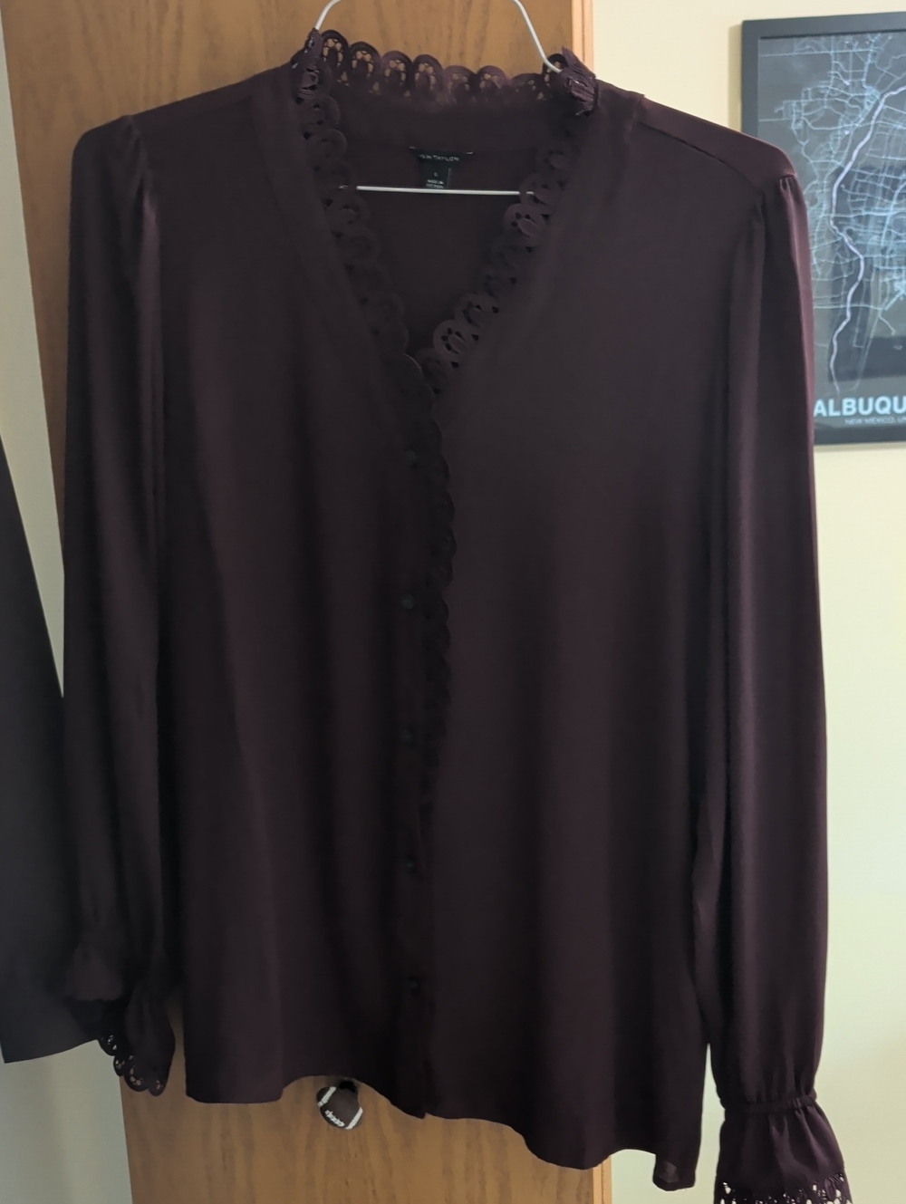 Tahari Woman Scalloped Lace V-Neck Blouse — Plum